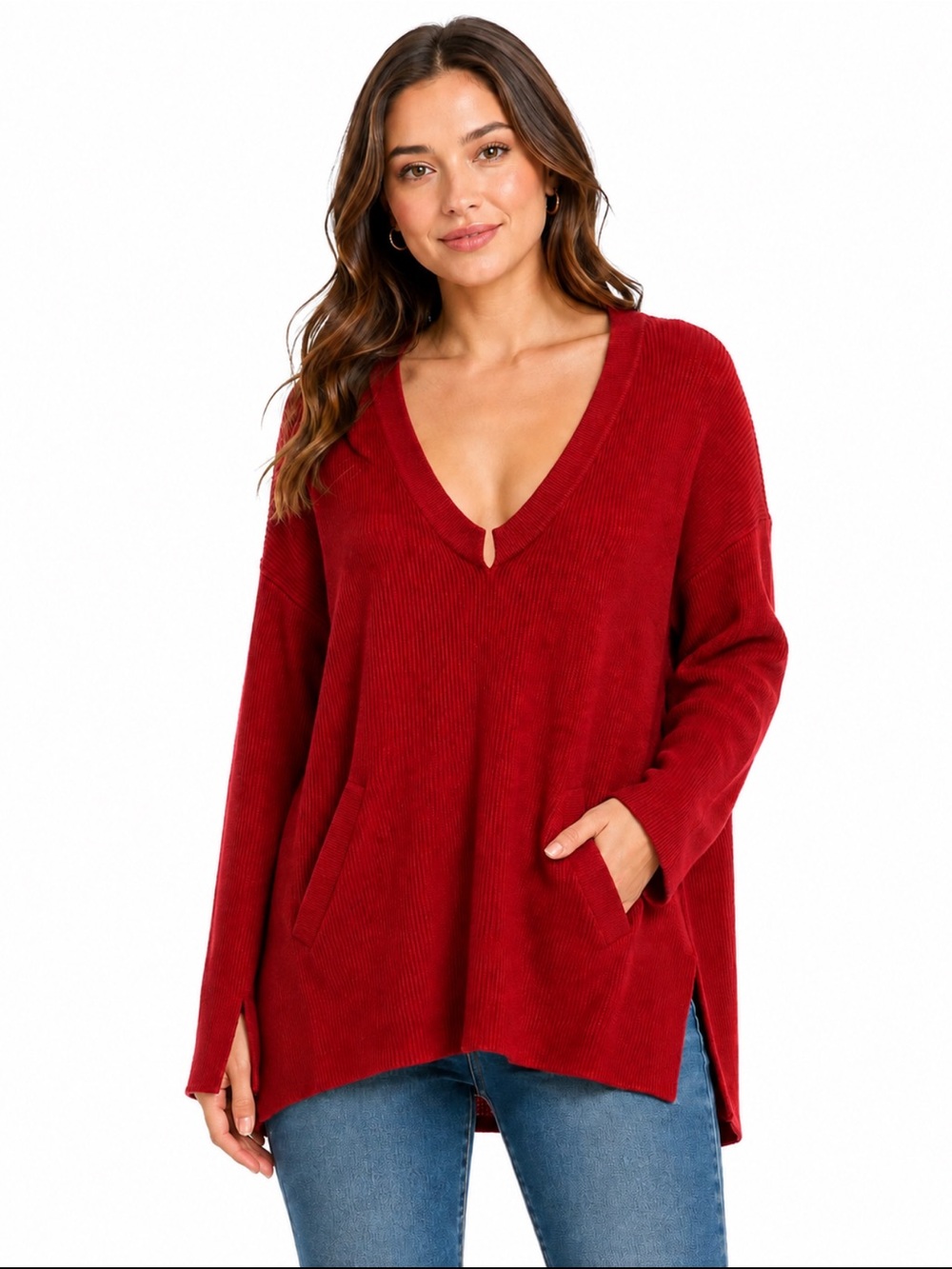 W by Worth Red Wool Cotton Oversized V Neck Sweater Tunic M